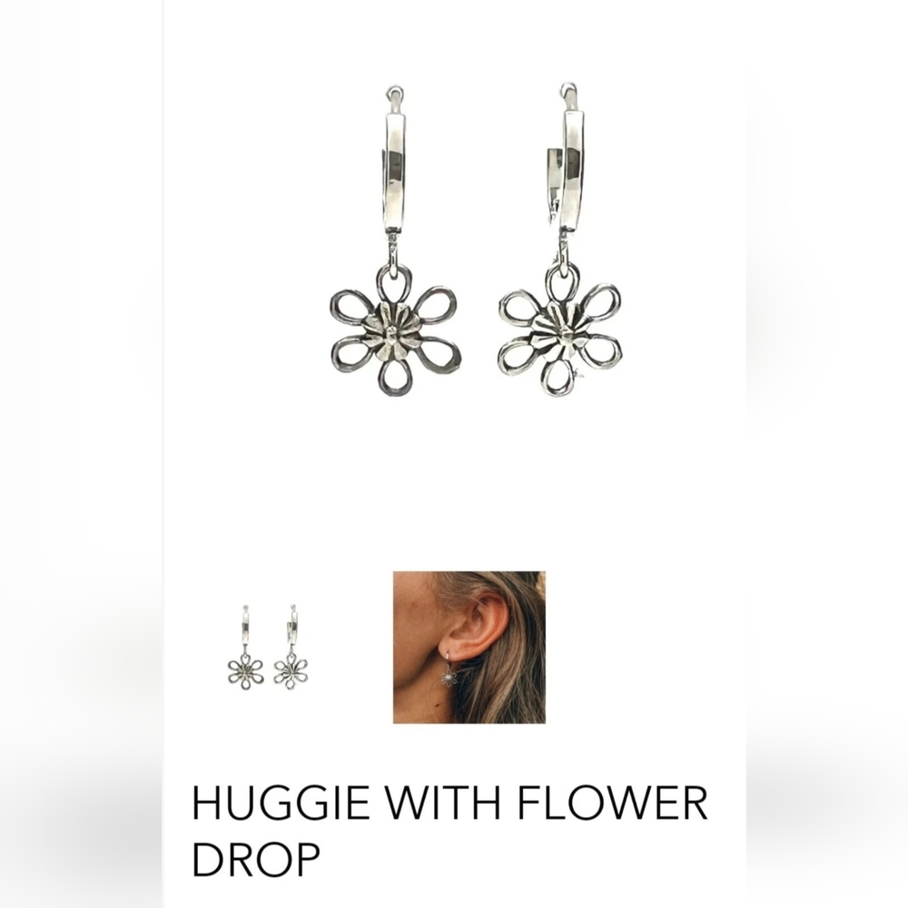 Silver Girl Sterling Silver Huggie with Flower Drop Earrings - NWT
